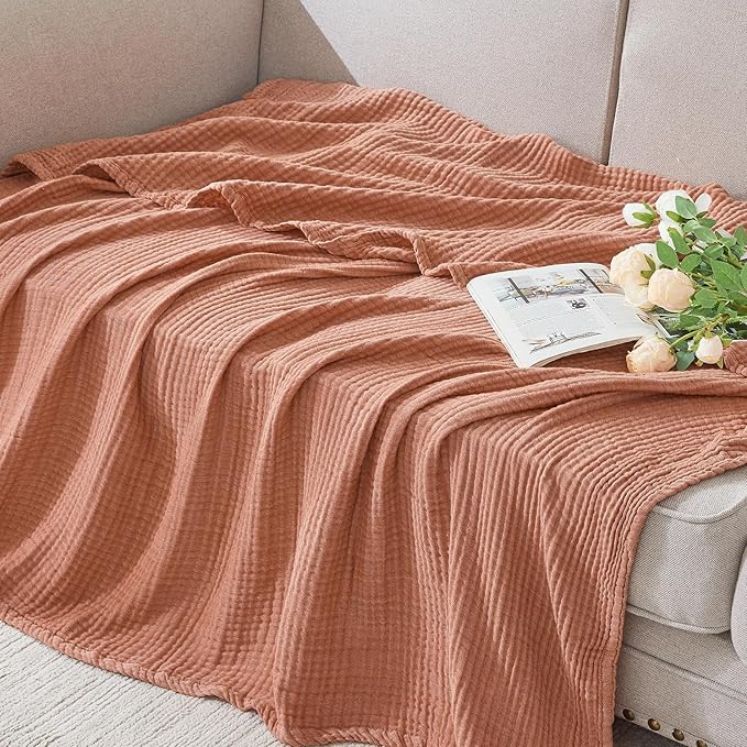 EMME Cotton Muslin Queen Blanket Bed Layering Breathable Gauze Blanket Soft Lightweight Blankets Adults (Orange Red, 90"x90")