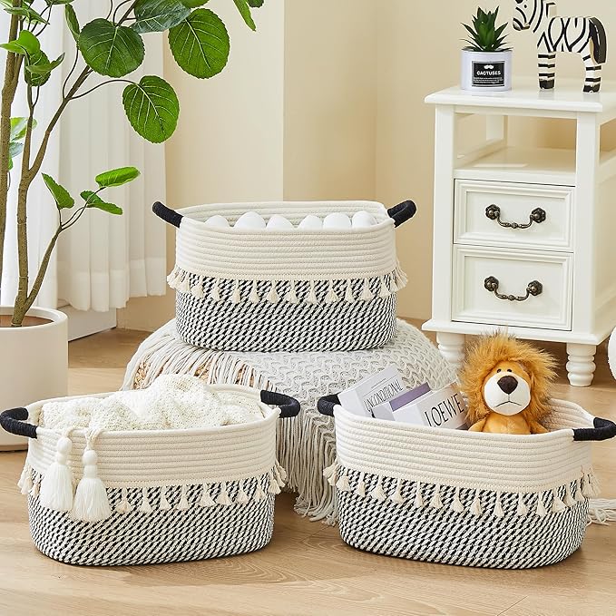 Storage Bins Woven Baskets for Storage Set of 3, Cotton Rope Basket with Handles for Toys/Shelves/Laundry, Rectangle Multi-Purpose Organizer for Living Room, Bedroom, Nursery (White/Black)