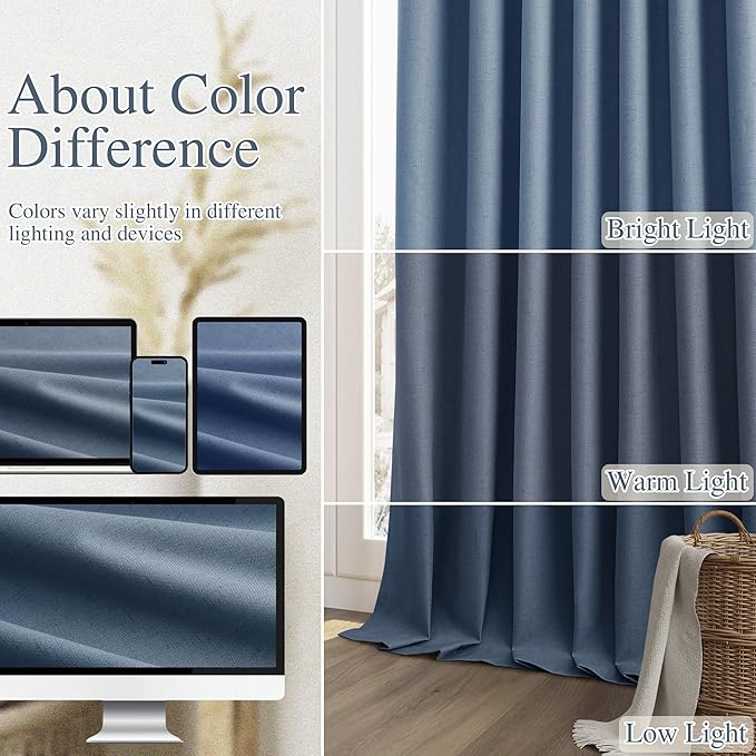 Guken 100% Blackout Curtains 80 Inch Length 2 Panels Set for Living Room Bedroom Back Tab Thermal Insulated Black Out Linen Drapes Room Darkening Window Curtains 80 Inches Long,Denim Blue