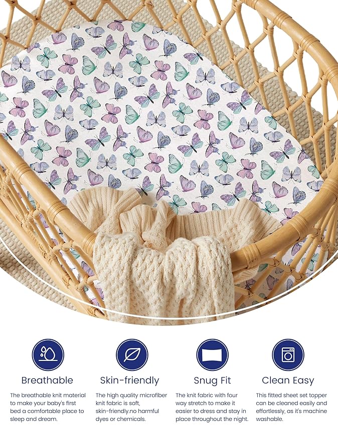 TotAha Premium Soft Bassinet Sheet for Girl, Super Stretchy Jersey Knit Bassinet Fitted Sheet, Compatible with Halo, Maxi COSI, Mika Micky, SNOO, Baby Delight Mattress2-Pack, Purple Butterfly
