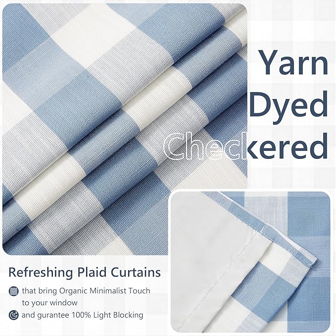 Amzdecor Buffalo Check Plaid Full Blackout Window Curtains 95 Inches Long for Bedroom Noise Reducing Total Room Darkening Grommet Drapes,Vintage Farmhouse Window Treatment,2 Panels,52"x95",Blue White