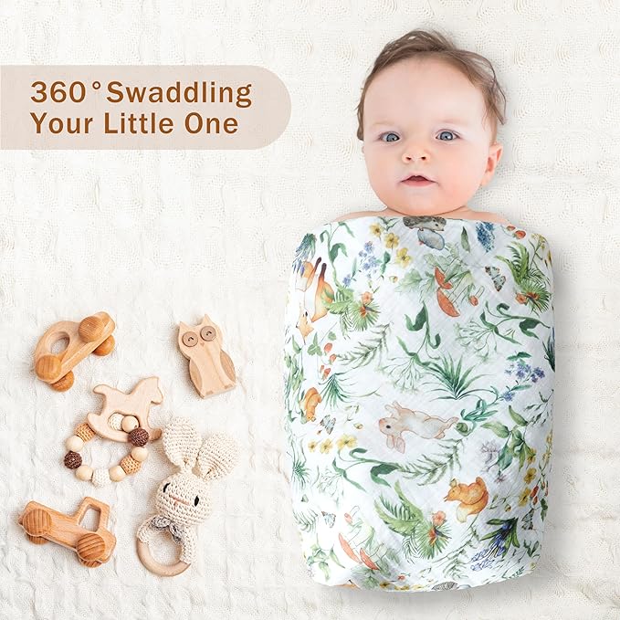 3-Pack 100% Cotton Muslin Swaddle Blankets, Large 47 x 47 Inches — Breathable Soft Receiving Blankets for Newborns, Swaddling Wraps, Registry Gift (Playful Forest Animals)