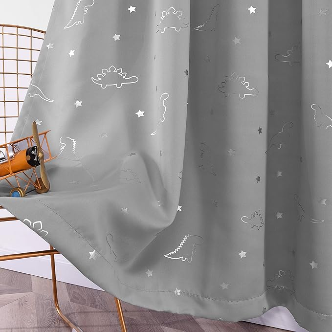 LORDTEX Dinosaur and Star Foil Print Blackout Curtains for Kids Room - Thermal Insulated Curtains Noise Reducing Window Drapes for Boys and Girls Bedroom, 42 x 84 Inch, Light Grey, Set of 2 Panels