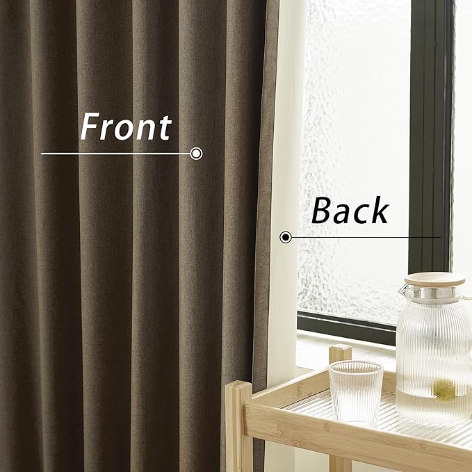 DUALIFE 100% Blackout Linen Brown Curtains 84 Inch for Living Room Darkening, Bedroom Linen Drapes 84 Inches Long Rod Pocket/Back Tab Heat Blocking Bohemian Pleated Window Curtain(50"x84"x2)
