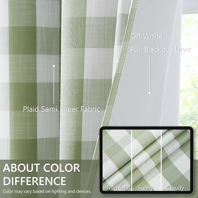 Amzdecor Buffalo Plaid Check Full Blackout Curtains Checkered GEO Thermal Insulated Energy Efficient Drapes Grommet 2 Layers Window Treatment for Bedroom Living Room,2 Panels,40"x90",Sage Green&White