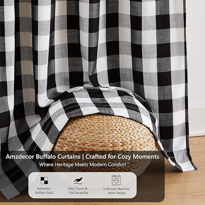 Amzdecor Black White Buffalo Plaid Full Blackout Curtains 84 Inch Long for Bedroom Living Room Farmhouse Check Patterned Drapes Thermal Insulated Soundproof Grommet Window Treatment, 2 Panels, 52"x84"