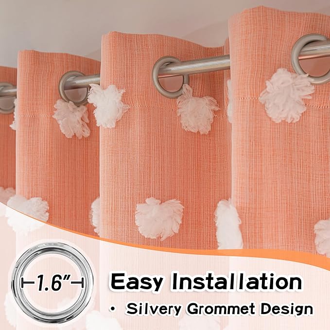 MYSKY HOME Orange Curtains for Bedroom 54 Inch Long Double Layer Curtains for Kids Room Kithen White Pom Pom Sheer Nursery Curtains Grommet Room Darkening Small Window Curtains 2 Panels 52" x 54"