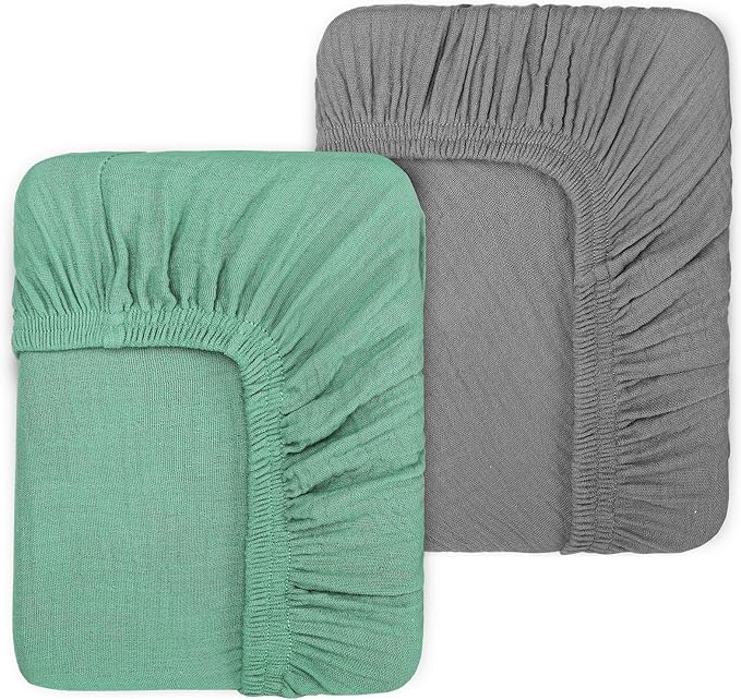 PET REJOIR 2 Pack Muslin Fitted Crib Sheets for Baby Girls & Boys-Neutral Breathable Crib Mattress Protector for Standard Crib Mattress (28"x 52") -Soft No Slip Toddler Cotton Bedding-Green & Grey