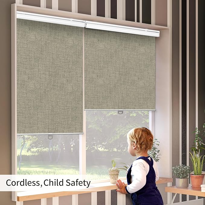 GENIMO 100% Blackout Roller Window Shades, Window Blinds Cordless with Thermal Insulated, UV Protection Fabric, Mini French Door Blinds for Home, Office, Bedroom, Easy to Install, Brown, 35" W X 72" H