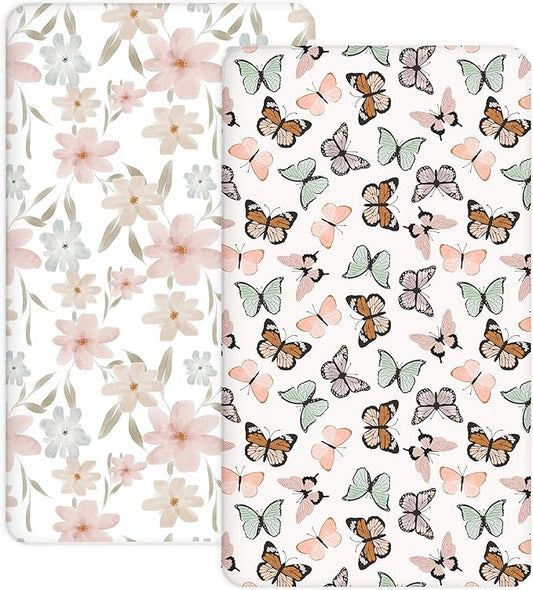 Pack and Play Sheets 2 Pack, Fitted Jersey Knit Mini Crib Sheets for Baby Boys and Girls, Compatible with Graco Pack N Play and Mini Crib Mattress (Butterfly Dance, Pack N Play/Mini Crib Sheets)