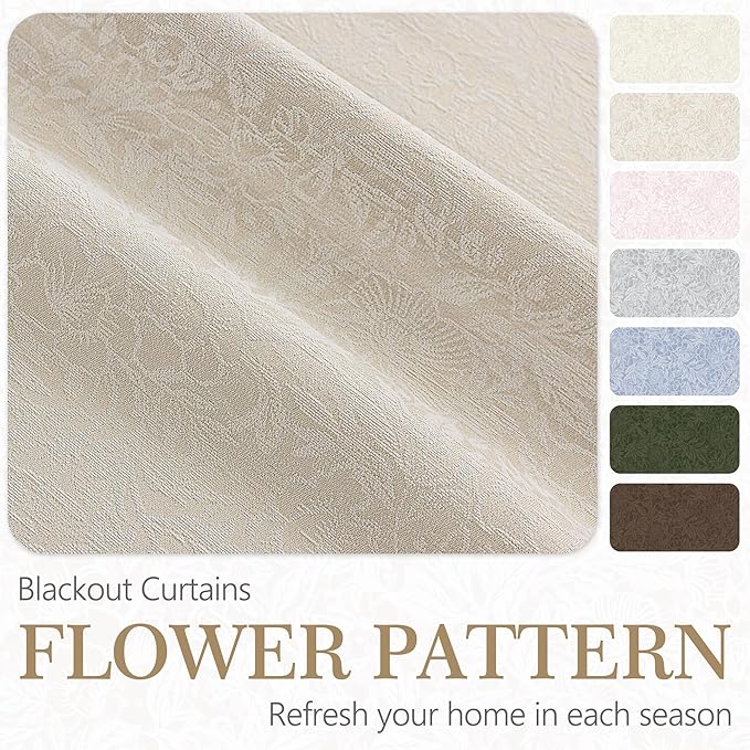 Metro Parlor Beige Floral Blackout Curtains 63 Inch Length for Bedroom, Jacquard Chenille Patterned Vintage Flower Curtains for Living Room Darkening Thermal Insulated Grommet Window Drapes, 2 Panels