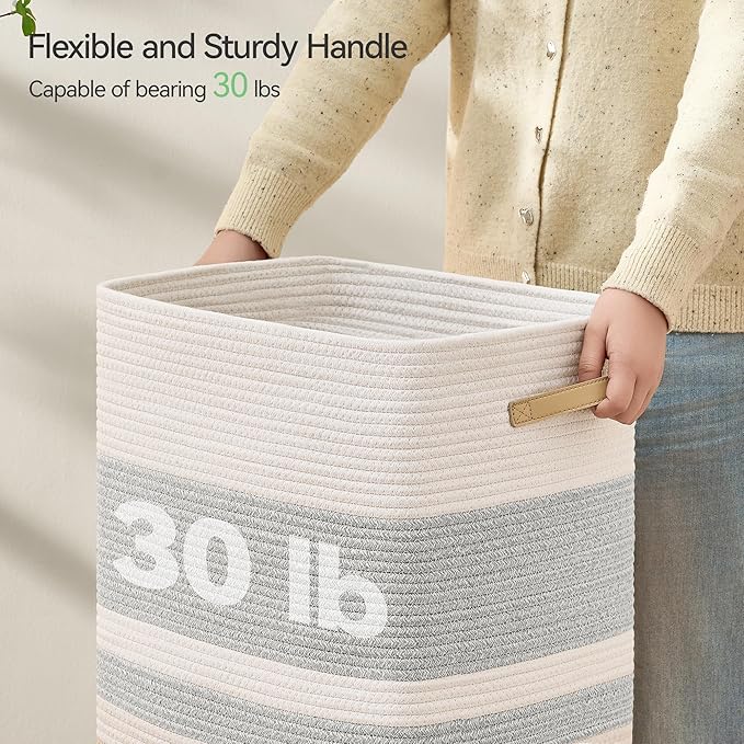 87L Laundry Hamper,Laundry Basket with Leather Handles,Woven Storage Basket for Toys,Pillows,Blankets,Clothes,Grey White