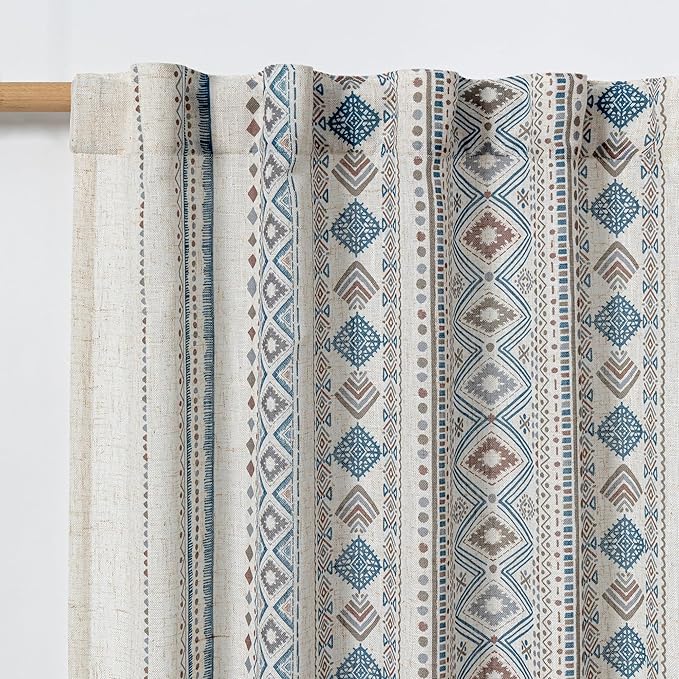 MYSKY HOME Curtains 84 inches Long for Living Room Boho Linen Sheer Drapes Geometric Farmhouse Decor Light Filtering Privacy Protect Soft Touch Treatment Back Tab for Home, 50" Wide, Khaki, 2 Panels