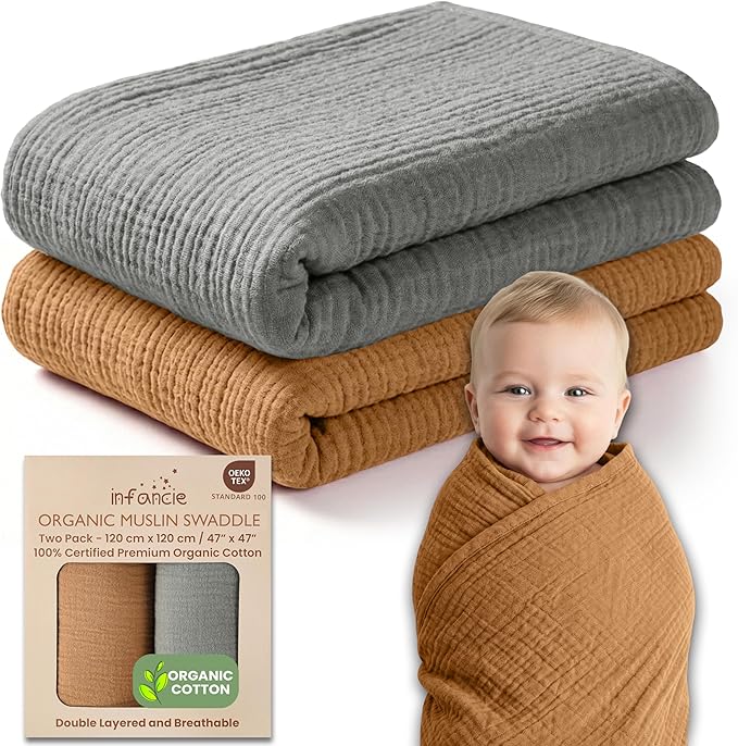 100% Organic Cotton Muslin Baby Blanket - 47 x 47 Inch Breathable Baby Blankets for Girls, Hypoallergenic Double-Layer, Soft and Cozy Newborn Baby Blanket for Sleeping & Everyday (Gold/Sage)