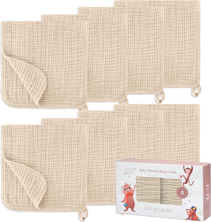 LILY O LAUREL Muslin Burp Cloths, 20"x10"- Pack of 8, 6 Layers Super Soft Absorbent & Breathable 100% Cotton for Baby Drool and Messes, Burp Cloth Baby Boy and Burp Cloths Baby Girl