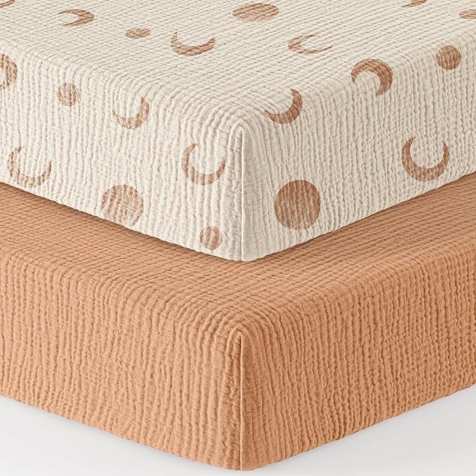 Bearmoss Muslin Crib Sheets 100% Cotton Baby Bed Sheets Soft&Breathable Nursery Sheet 52"x28" for Standard Crib Mattress&Toddler Bed Mattress - 2 Pack (Brown Moon)