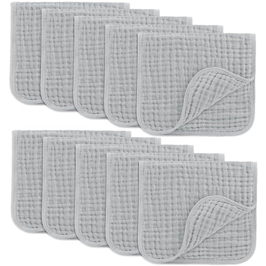 Comfy Cubs Muslin Burp Cloths 20" x 10", Pack of 10 - Large, 6-Layer, Ultra Absorbent 100% Cotton for Baby Drool and Messes - Soft, Safe & Gentle Baby Burp Cloths for Boys & Girls - Heather Blue