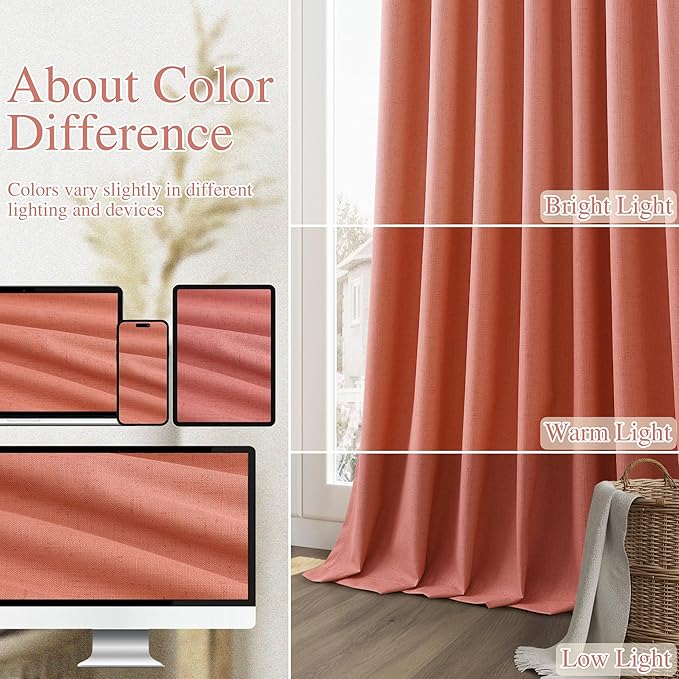Guken 100% Blackout Curtains 108 Inch Length 2 Panels Set for Living Room Bedroom Back Tab Thermal Insulated Black Out Linen Drapes Room Darkening Coral,52x108