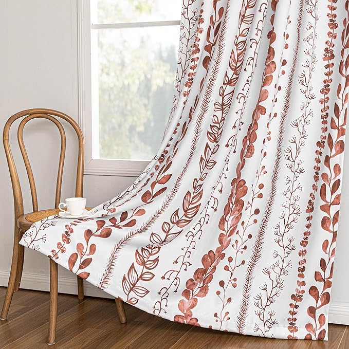 MEETSKY Boho Terracotta Blackout Curtains 84 Inches Long 2 Panels - Burnt Orange Curtains for Living Room Thermal Insulated Rod Pocket Drapes for Bedroom, Leaf Print Window Treatment, 50" Wide