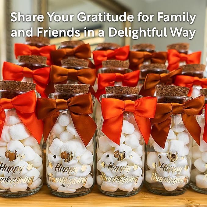 Ethisa Small 12 Pack Thanksgiving Glass Jars with Ribbons and Stickers - Candy Party Favors for Adults - Thanksgiving Party Favors and Table Centerpieces Decorations - Sturdy Decor Treat Jars