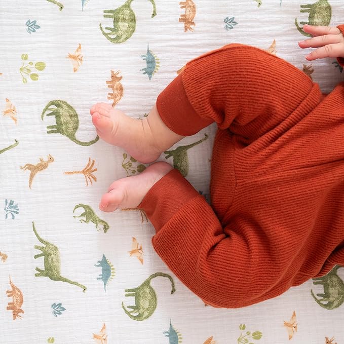 aden + anais Essentials Classic Crib Sheet, 100% Cotton Muslin, Super Soft & Breathable, Tailored Snug Fit, Dino Jungle