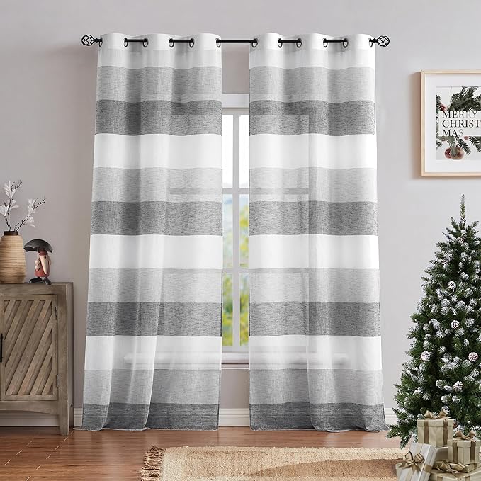 Central Park Gray Charcola Stripe Sheer Color Block Window Curtain Panel Linen Texture Window Treatment for Bedroom Living Room Farmhouse 102 Inches Long with Grommets, 40"x102"x2