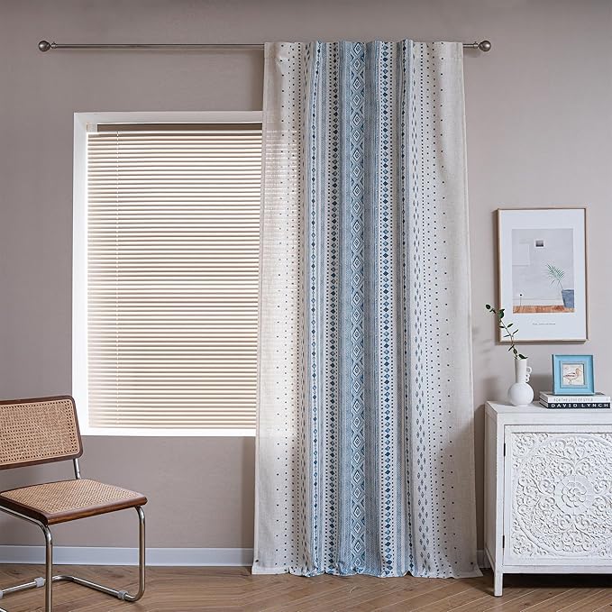 MYSKY HOME Boho Sheer Curtains Linen Look 95 inches Long for Dining Room Bohemian Geometric Striped Style Farmhouse Home Decor Light Filtering Privacy Back Tab Drapes, 50'' Wide, Blue, 2 Pcs