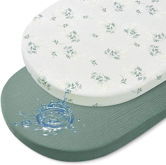 Baby Bassinet Sheets TPU Waterproof 2 Pack Soft Muslin Bedside Bassinet Mattress Sheets with Bottom Elastic Band for Baby Boy Girls Unisex Fit Hourglass Oval and Rectangle, Dark Green