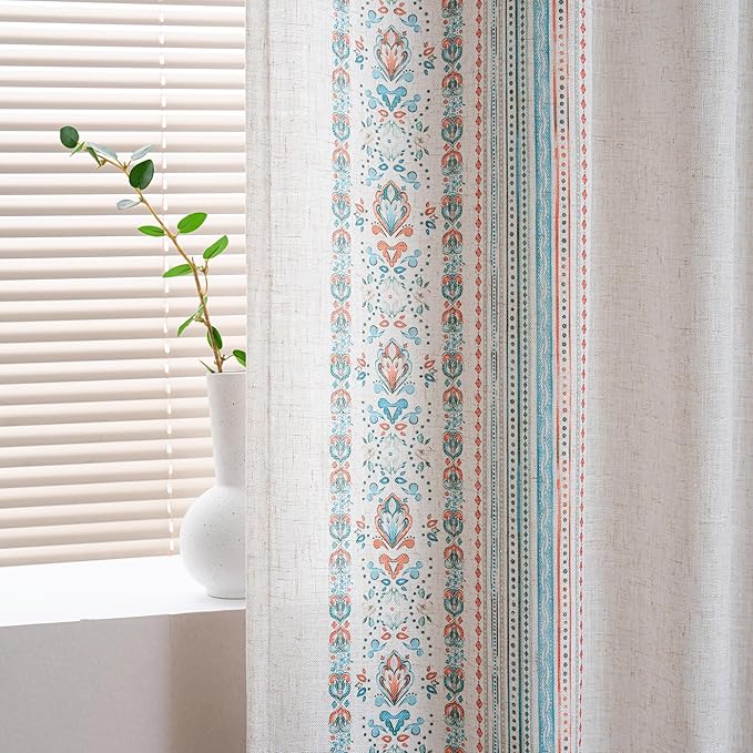 MYSKY HOME Boho Curtains & Drapes Sheer Linen Look Window Curtains 95 inches Long Light Filtering Privacy Protect Damask Pattern Decoration Texture Soft Touch Back Tab, 50" x 95", Teal, 2 Panels