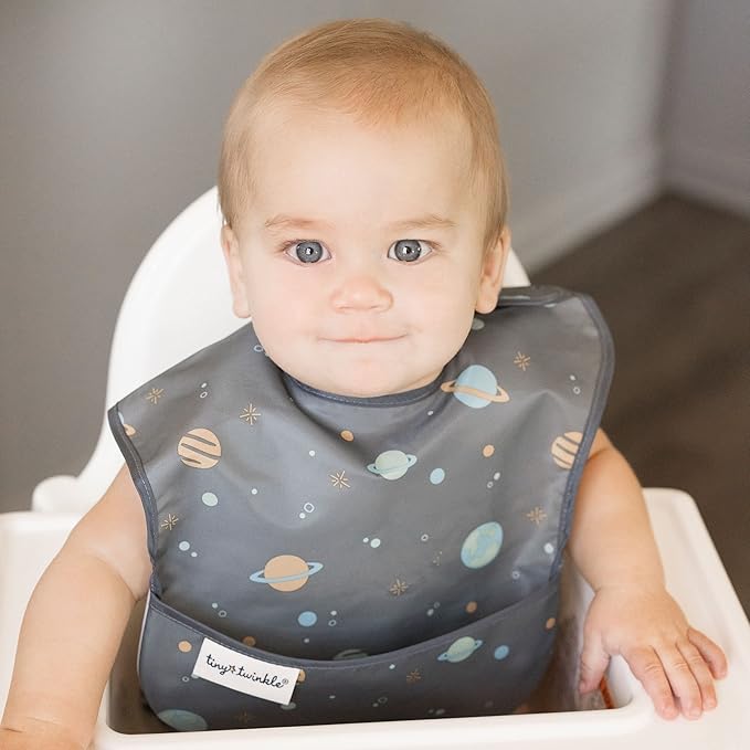 Tiny Twinkle Mess-Proof Baby Bibs for Eating | Waterproof, Wipeable Toddler Bibs with Catch-All Pocket | Feeding Bibs for Girls & Boys(3 Pack, Space)