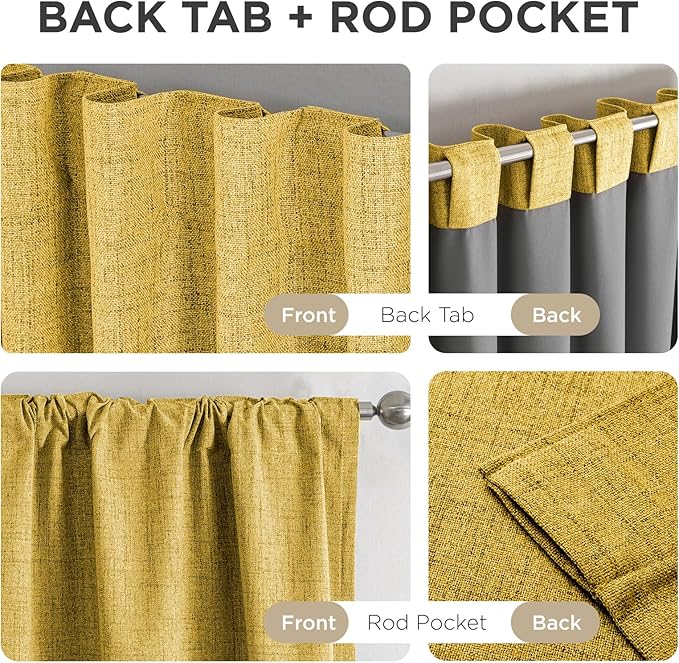 Joydeco Blackout Curtains for Bedroom - 100% Light Blocking 2 Panels Set Yellow Drapes 37"W x 108"L, Thermal Insulated Room Darkening Curtains, Linen Textured for Living Room, Rod Pocket & Back Tabs