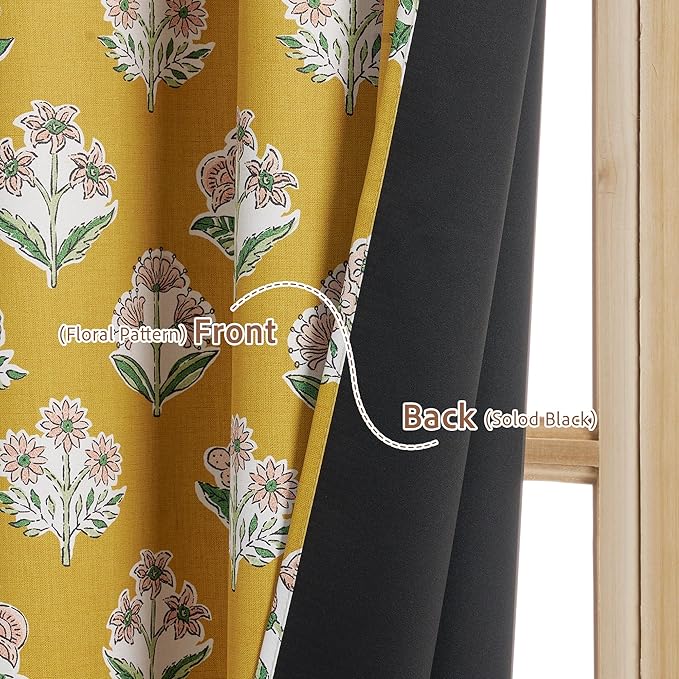 RYB HOME 100% Blackout Mustard Yellow Floral Curtains for Living Room, Patterned Flower Curtains 84 Inches Long, Thermal Insulated Drapes Window Treatment for Bedroom Dining Room, W52 x L84, 2 Panels