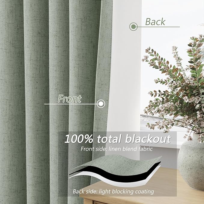 Guken 100% Blackout Curtains 80 Inch Length 2 Panels Set for Living Room Bedroom Back Tab Thermal Insulated Black Out Linen Drapes Room Darkening Window Curtains 80 Inches Long,Desert Sage