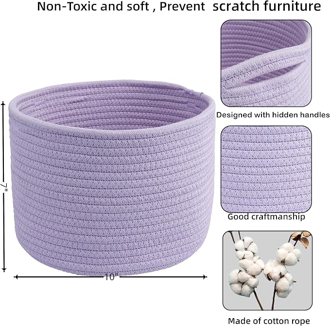 Small round Storage Basket - 3-Pack Round Cube Bins (10x10x7'') for Shelves, Closets & Bookcases | Durable Rope Organizers for Nursery, Baby, Toys, Easter & More (purple)
