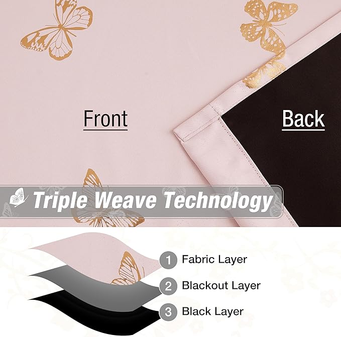Jubilantex Pink Gold Butterfly Blackout Curtains 84 Inches Long with Black Layer Thermal Insulated Window Curtains Grommet Top for Bedroom Girls Room