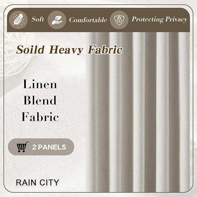 RAIN CITY Natural Birch Blackout Curtains 84 Inch Long 2 Panel Set, Boho Farmhouse Linen Drapes for Living Room Darkening/Thermal/Noise Reduction Textured 7ft Hook Included Off White 50" x 84"