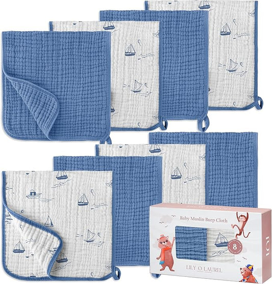 LILY O LAUREL Muslin Burp Cloths, 20"x10"- Pack of 8, 6 Layers Super Soft Absorbent & Breathable 100% Cotton for Baby Drool and Messes, Burp Cloth Baby Boy and Burp Cloths Baby Girl