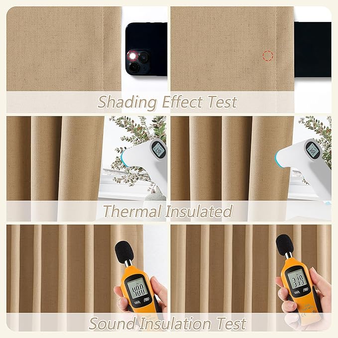 Guken 100% Blackout Linen Curtains 108 Inch Length 2 Panels Set for Living Room Bedroom Back Tab Thermal Insulated Black Out Linen Drapes Room Darkening Window Curtains,Camel Brown
