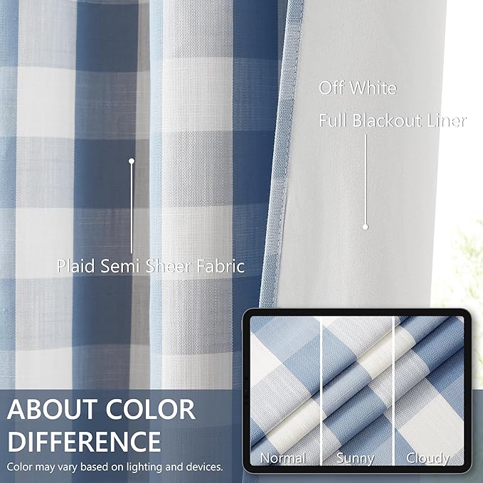Amzdecor Buffalo Check Plaid Full Blackout Window Curtains 63 Inches Long for Bedroom Noise Reducing Total Room Darkening Grommet Drapes,Vintage Farmhouse Window Treatment,2 Panels,52"x63",Blue White