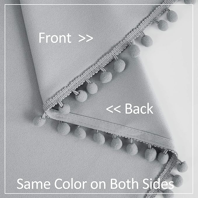 Treatmentex Pom Pom Grey Curtains for Bedroom Windows 84 inch Energy Efficient Thermal Insulated Living Room Darkening Curtain Panels Drapes Nursery Room Children 52" w x2 Panels Rod Pocket