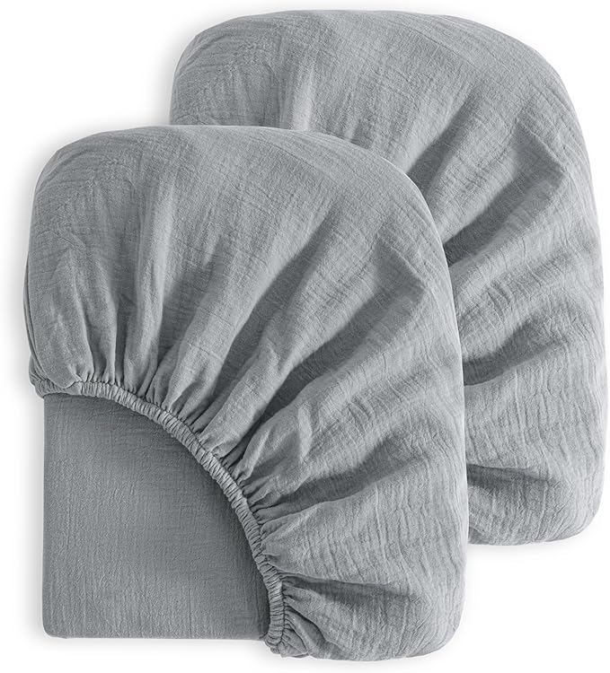 NTBAY 2 Pack Muslin Cotton Mini Crib Sheets, Soft and Breathable Double Layer 24x38 Baby Crib Sheets for Mini Crib and Toddler Mattresses, Boys, Girls, Unisex, Grey, 24x38 Inches