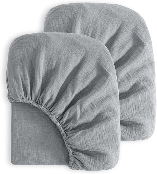 NTBAY 2 Pack Muslin Cotton Mini Crib Sheets, Soft and Breathable Double Layer 24x38 Baby Crib Sheets for Mini Crib and Toddler Mattresses, Boys, Girls, Unisex, Grey, 24x38 Inches