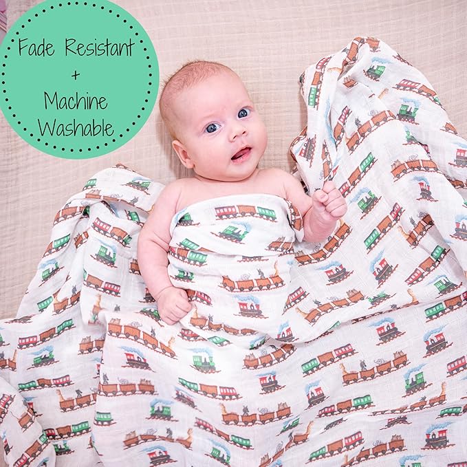 LollyBanks Muslin Swaddle Blankets, 100% Cotton Baby Blanket for Boys and Girls, Soft and Lightweight 47 x 47 Inches Infant Swaddle, Gentle Newborn Blankets, Baby Essentials (Animal Train Print)
