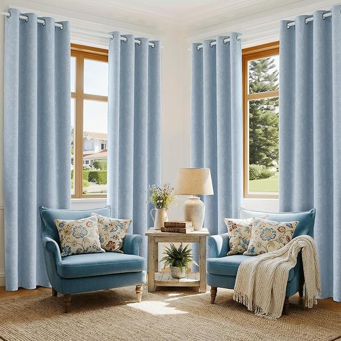 Beauoop Blue Floral Jacquard Blackout Curtains 63 Inches Long 2 Panels for Living Room Bedroom Chenille Flower Room Darkening Thermal Insulated Soundproof Grommet Window Drapes, 52x63 Set of 2