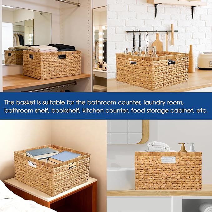 Large 17"x16"x9" (Set of 3) Water Hyacinth Woven Storage Basket – Handmade Natural Wicker Baskets Organizer Bin with Handles for Closet, Shelves, Laundry & Living Room (Natural (3 Pack))
