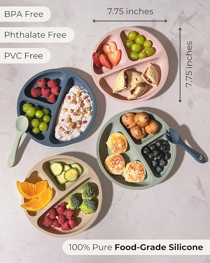 Hippypotamus Toddler Plates with Suction - 100% Food-Grade Silicone Baby Plates with Lids - Microwave & Dishwasher Safe - BPA Free - Set of 3 (Sage/Blush/Nude with LIDS)