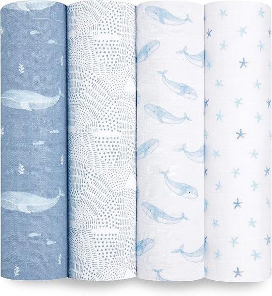 aden + anais Swaddle Blanket, 100% Organic Cotton Blankets for Girls & Boys, Baby Receiving Swaddles, Ideal Newborn & Infant Swaddling Set, 4 Pack, Oceanic