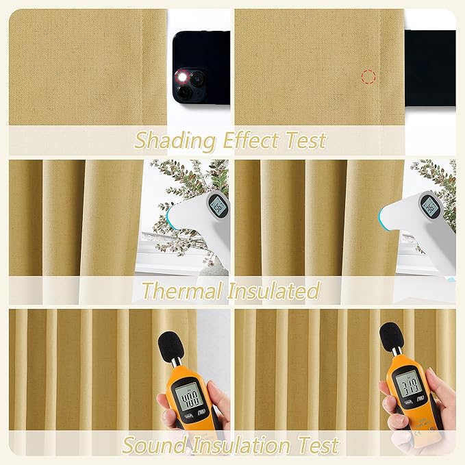 Guken 100% Blackout Curtains 63 Inch Length 2 Panels Set for Living Room Bedroom Back Tab Thermal Insulated Black Out Linen Drapes Room Darkening Window Curtains 63 Inches Long,Gold Yellow