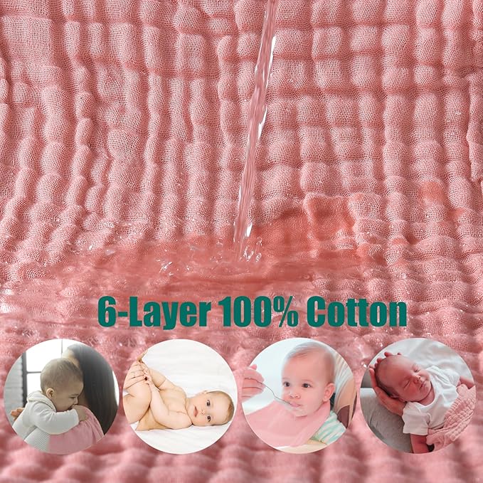 SnugOre Muslin Burp Cloths 5 Pack Large 20x12 inches Baby Burping Cloths, 6-Layer 100% Cotton for Newborn Boys Girls, Ultra Soft & Absorbent（Pink）