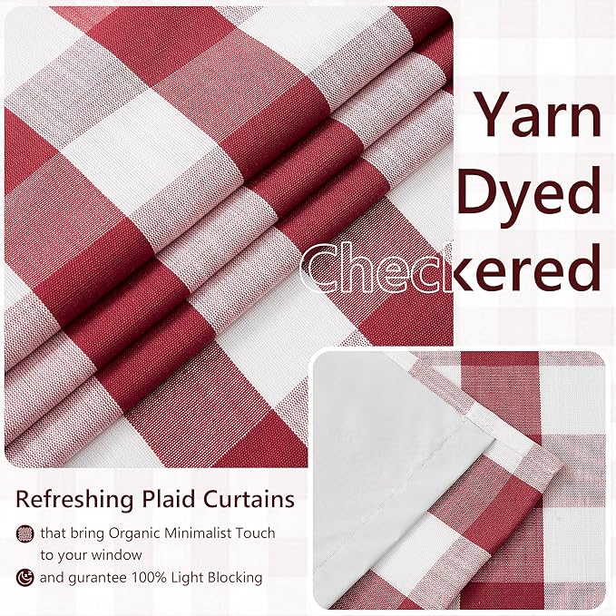 Amzdecor Red White Buffalo Plaid Full Blackout Curtains 95 Inch Long for Bedroom Living Room Farmhouse Check Patterned Drapes Thermal Insulated Soundproof Grommet Window Treatment, 2 Panels, 52"x95"